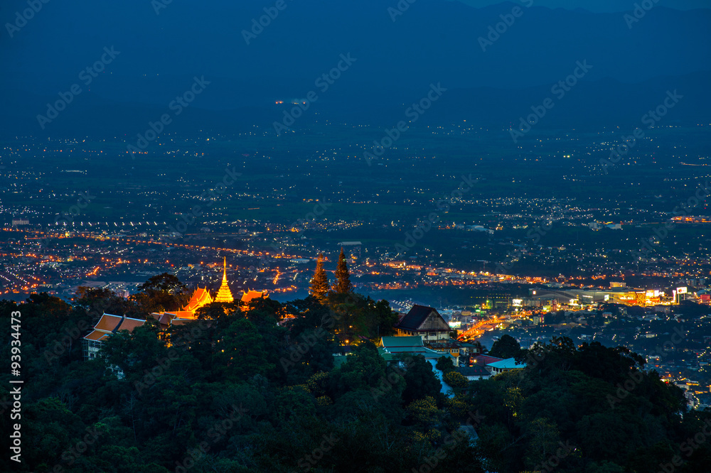 City night from the view point on top of mountain , Chiangmai ,Thailand,Prathatdoisuthep temple