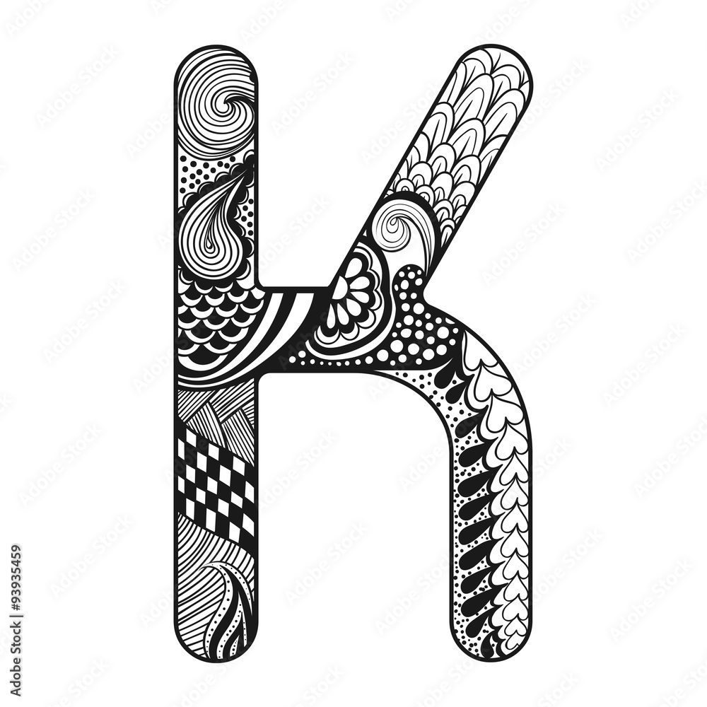 Zentangle stylized alphabet. Lace letter K in doodle style. Hand Stock ...