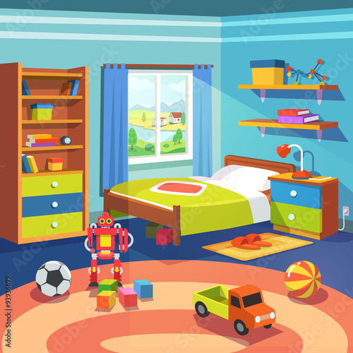 Boy room with bed, cupboard and toys on the floor