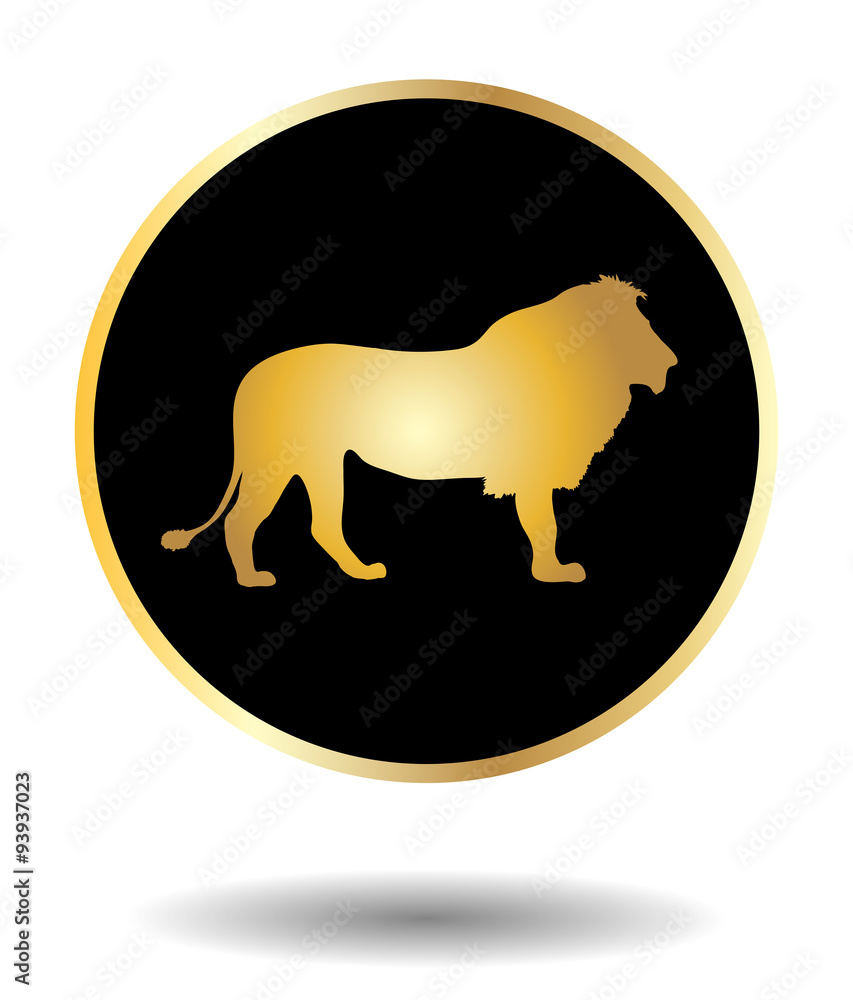 Vector golden and black icon with lion isolated on white with shadow. Vector illustration Vector golden and black icon with lion isolated on white with shadow. Vector illustration