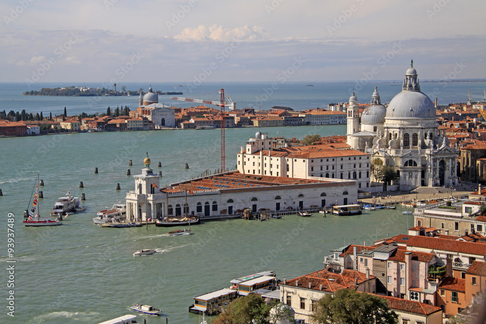 VENICE, ITALY - SEPTEMBER 02, 2012: Aerial view of the Basilica Santa Maria della Salute from St Mark's Campanile bell tower