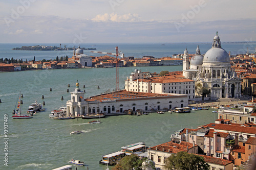 VENICE, ITALY - SEPTEMBER 02, 2012: Aerial view of the Basilica Santa Maria della Salute from St Mark's Campanile bell tower