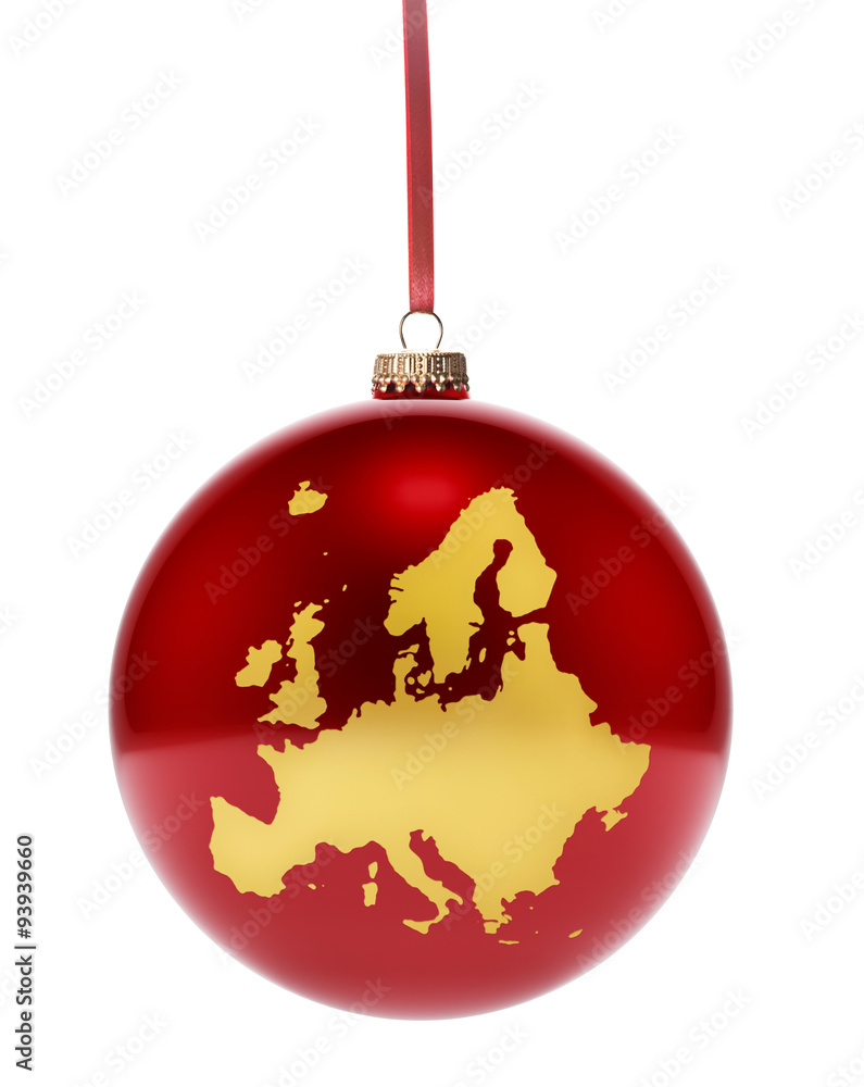 Red bauble with the golden shape of Europe.(series) Red bauble with the golden shape of Europe.(series)