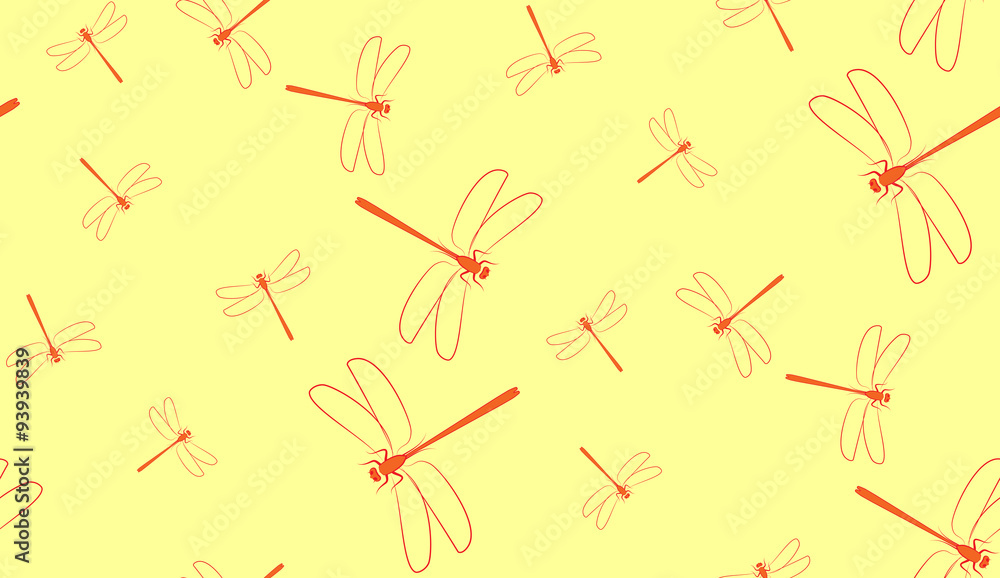 Vector seamless background of dragonflies. Chaotic dragonflies on a yellow background. Vector seamless background of dragonflies. Chaotic dragonflies on a yellow background.