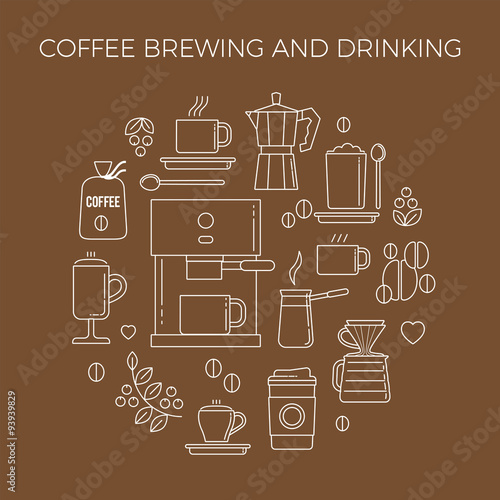 Coffee brewing methods icons set. Rounded pattern. Different ways of making hot energy drink.