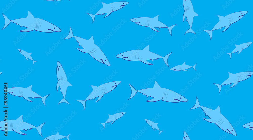 Fototapeta premium Vector seamless pattern of sharks. Sharks are located randomly on a blue background.