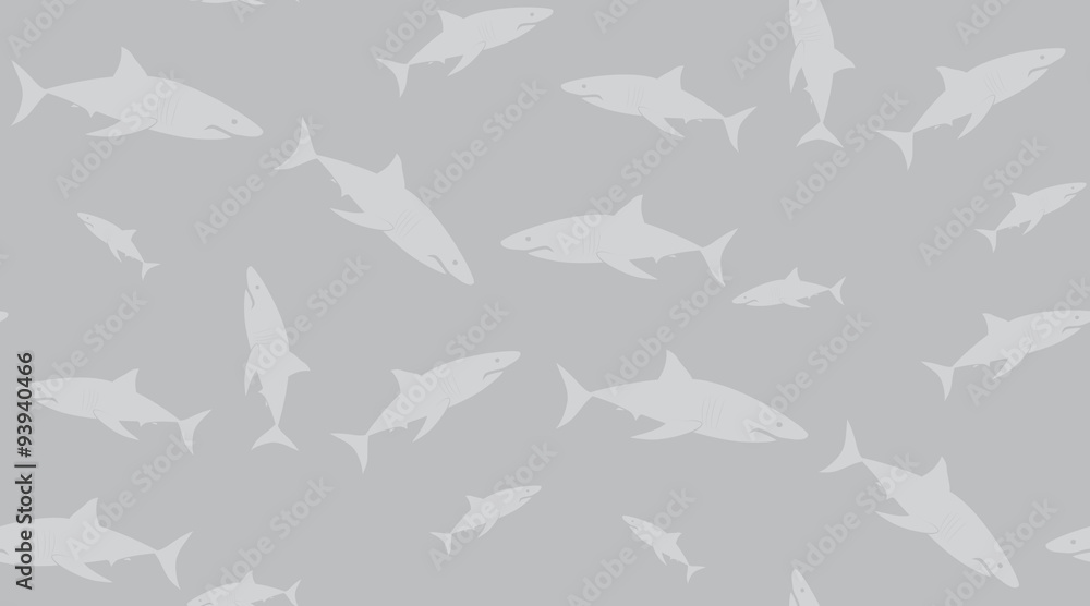 Fototapeta premium Vector seamless pattern of sharks. Sharks are located randomly on a gray background.