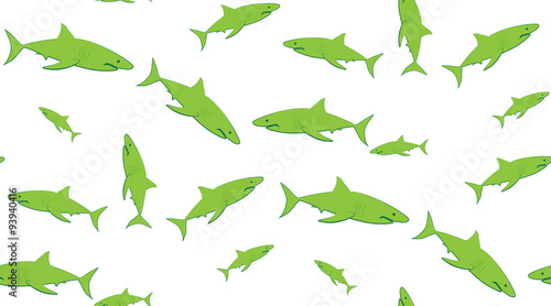 Vector seamless pattern of sharks. Sharks are located randomly on a white background.