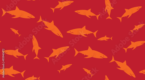 Vector seamless pattern of sharks. Sharks are located randomly on a red background.