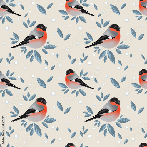 Bullfinches with foliage and snow pattern 