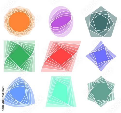 Set of design elements for leaflet, poster, print, template, or logotyp. Colorful geometric ornaments with white outline.