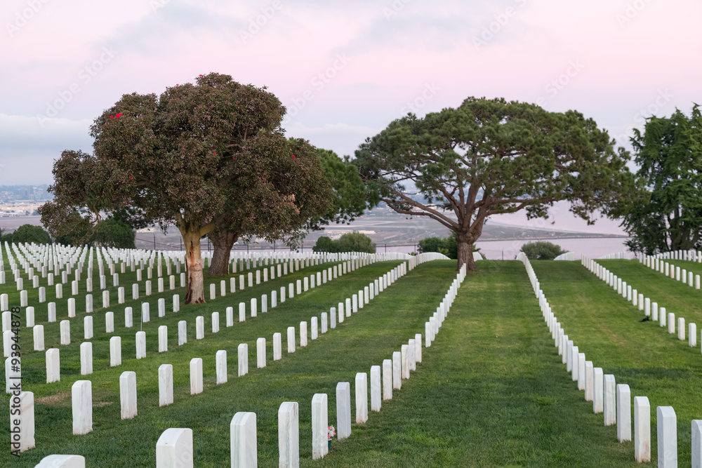 Military cemetery in San Diego with sunset in the  background