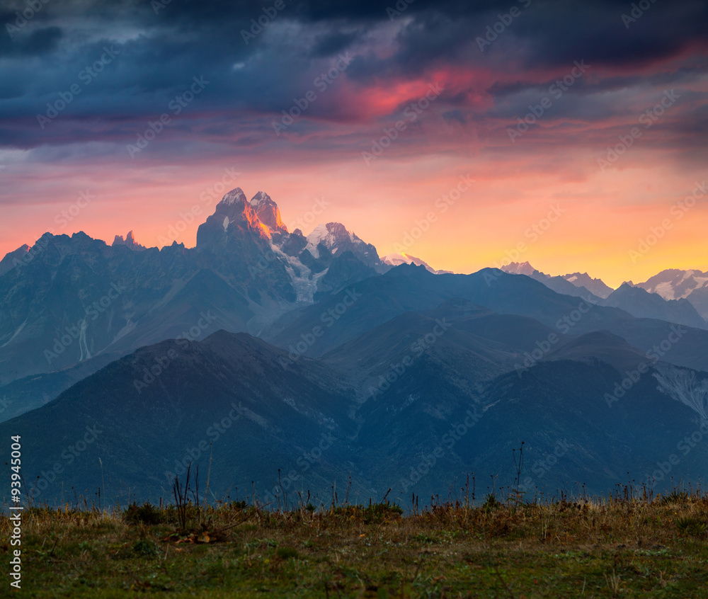 Colorful autumn sunrise in the Caucasus mountains.
