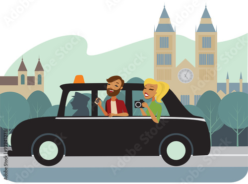 Young couple tourists  in Taxi