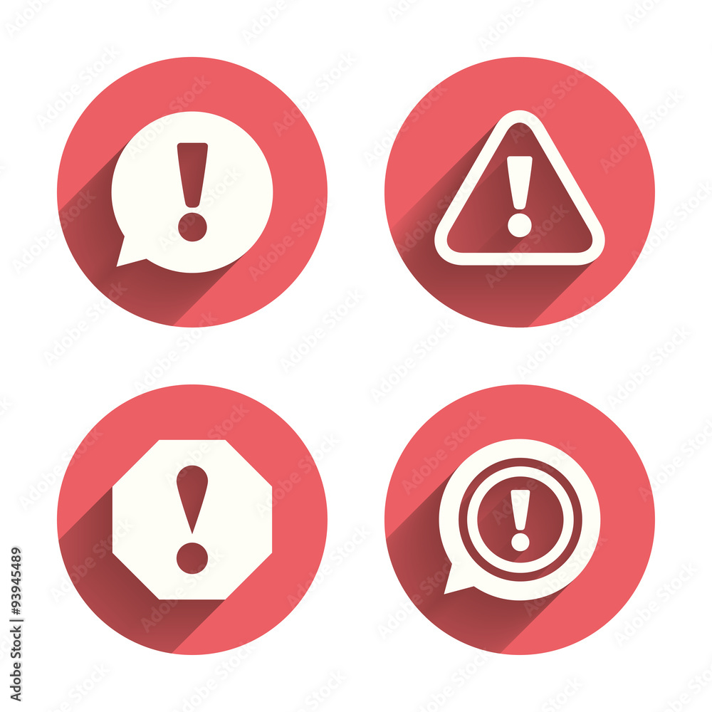 Attention icons. Exclamation speech bubble. Attention icons. Exclamation speech bubble.