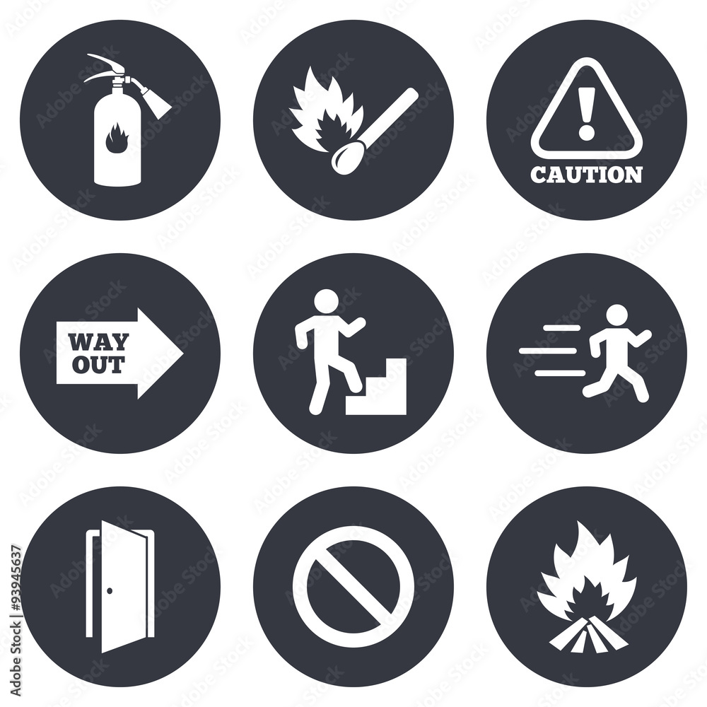 Fire safety, emergency icons. Extinguisher sign.