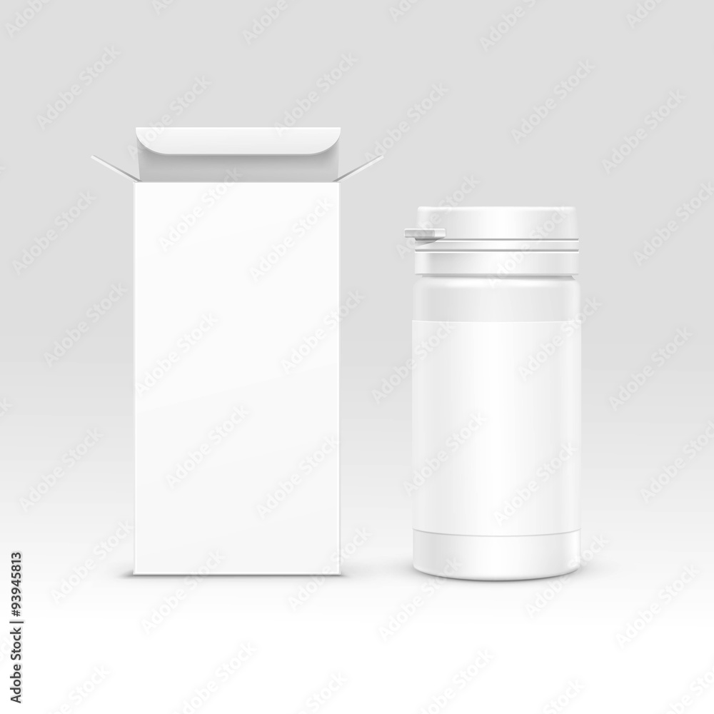 Vector Medical Packaging Box and Bottle with Cap for Pills Vector Medical Packaging Box and Bottle with Cap for Pills