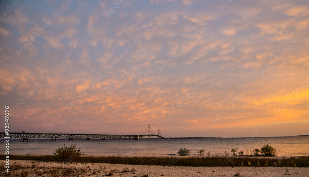Sunrise at the Mackinac Bridge, which divides Lake Michigan and Lake Huron and connects lower Michigan with the state's upper peninsula