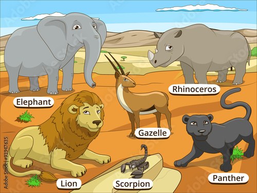 African savannah animals with names cartoon 