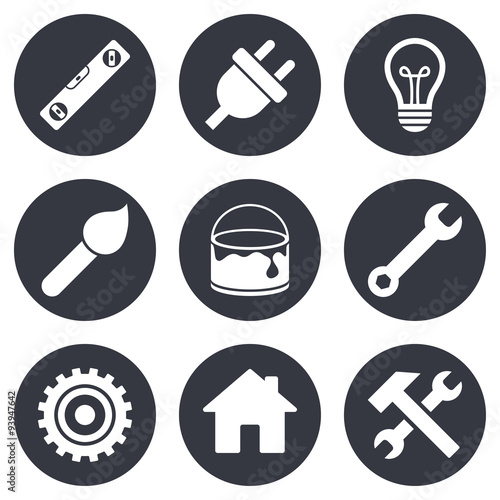 Repair, construction icons. Hammer, wrench tool.