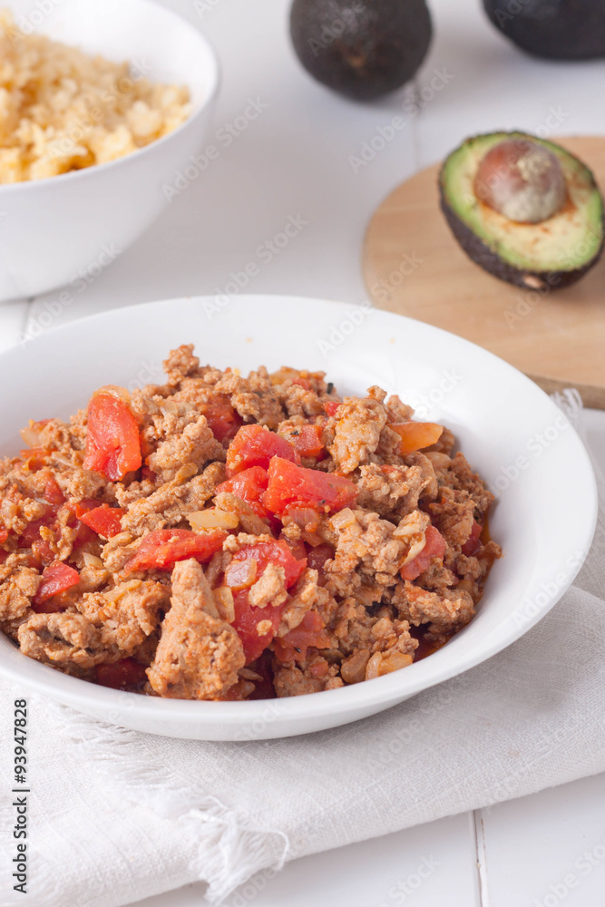 mexican taco or burrito stuffing: ground meat stir fried with mexican taco or burrito stuffing: ground meat stir fried with