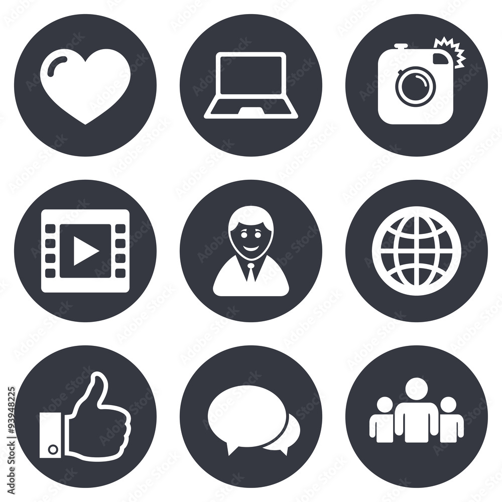 Social media icons. Video, share and chat signs. Social media icons. Video, share and chat signs.