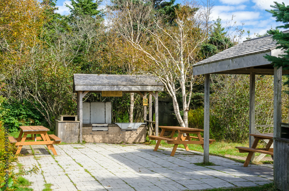 Barbecue Area with Grill, Wooden Tables and Shelters Barbecue Area with Grill, Wooden Tables and Shelters