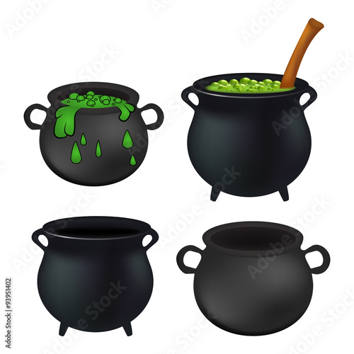Witch cauldron empty and with green potion, bubbling witches brew set. Realistic Vector illustration isolated on white background.