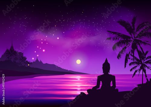 Sunset on the sea in Southeast Asia. Vector illustration