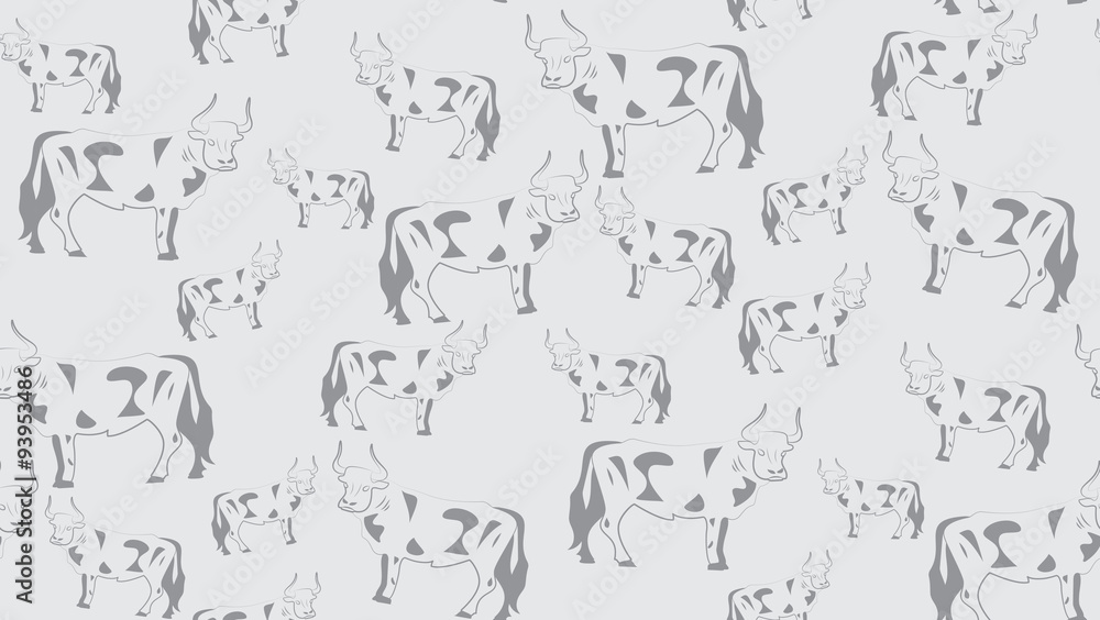 Vector seamless background of bulls. Chaotic cow on a gray background.
