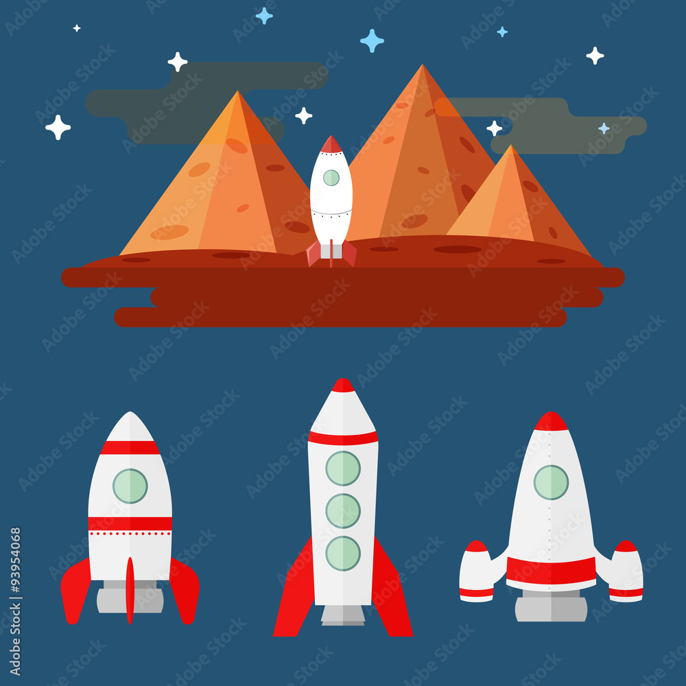 flat illustration set of missiles. mountains Mars flat illustration set of missiles. mountains Mars