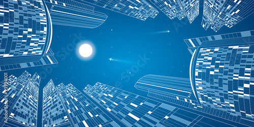 Airplane flying. Business center buildings, neon nights city, vector design panorama