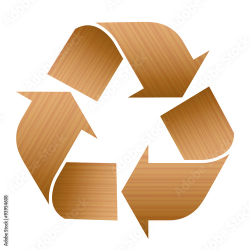 Recycling symbol with wood texture. Illustration over white background.