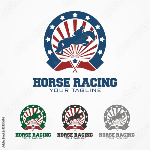 Horse Racing Logo. horse race stylized symbol, jockey riding a horse emblem.	