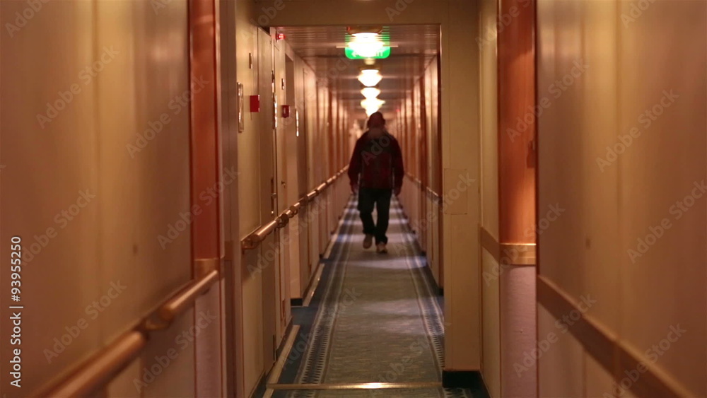 Passengers in cruise ship hallway. Senior mature man long hair and beard. HD 7737 Passengers in cruise ship hallway. Senior mature man long hair and beard. HD 7737
