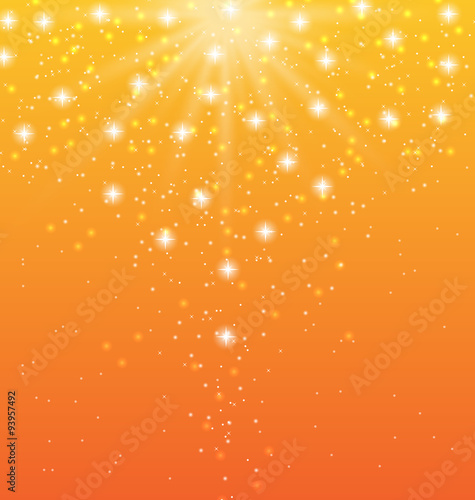 Abstract orange background with sun rays and shiny stars