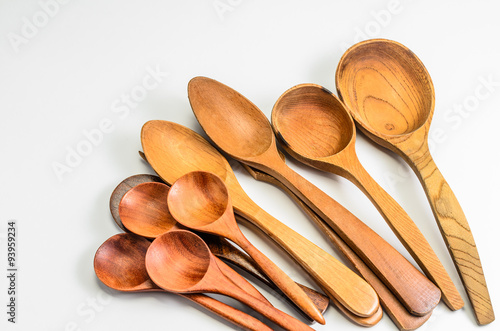 old retro wooden spoon and fork on white background