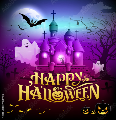Happy halloween gold lettering castle with ghosts