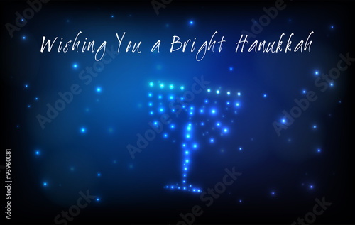 Greeting card for the Jewish holiday of Hanukkah. Menorah or Hanukkiya shaped out of stars in the night sky for the Jewish holiday of Hanukkah written with the blessing - Wishing You a Bright Hanukkah