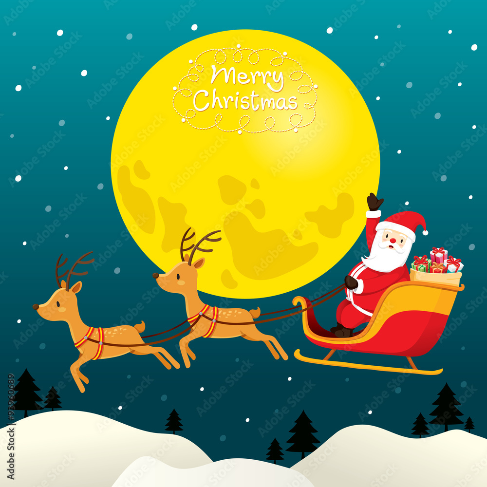 Santa Claus Riding On Sleigh, Full Moon, Merry Christmas, Xmas, Happy New Year, Objects, Animals, Festive, Celebrations