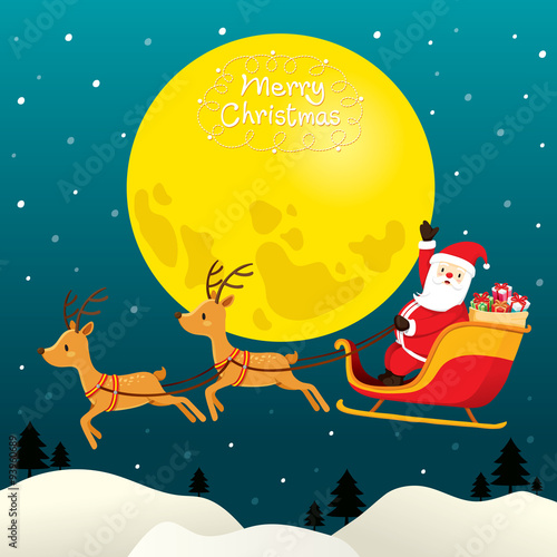 Santa Claus Riding On Sleigh, Full Moon, Merry Christmas, Xmas, Happy New Year, Objects, Animals, Festive, Celebrations