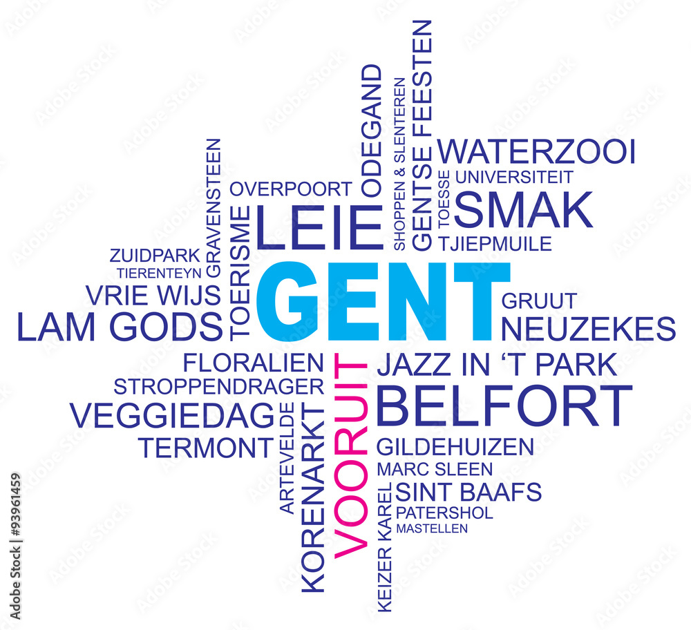 Obraz premium word cloud around ghent, city in belgium, flanders, vector, dutch and flemish version, eps10
