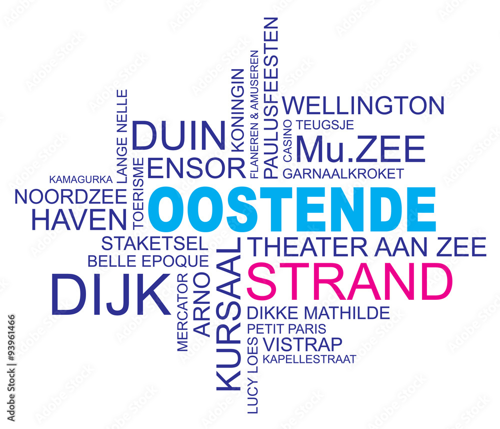 word cloud around ostend, city in belgium, flanders, vector image, dutch and flemish version, eps10