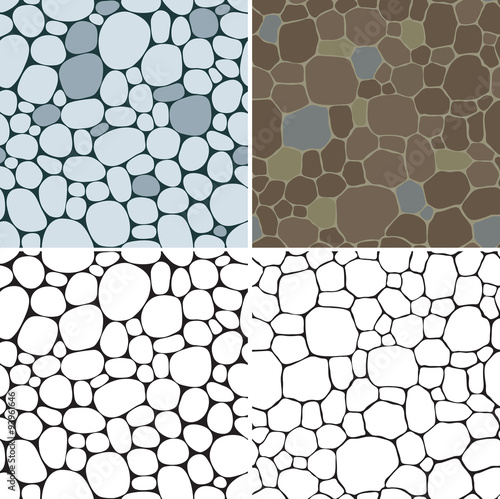Stones seamless patterns. Vector set of seamless backgrounds with beige, gray, and  brown smooth pebble