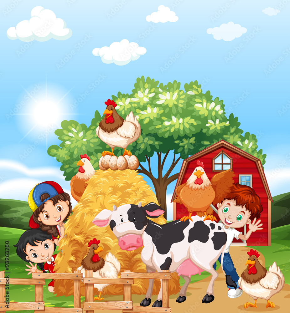 Fototapeta premium Children and farm animals