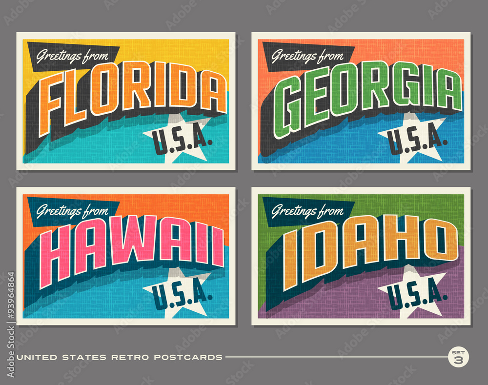 Naklejka premium United States vintage typography postcards featuring Florida, Georgia, Hawaii, Idaho