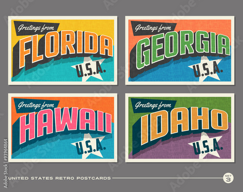 United States vintage typography postcards featuring Florida, Georgia, Hawaii, Idaho photo