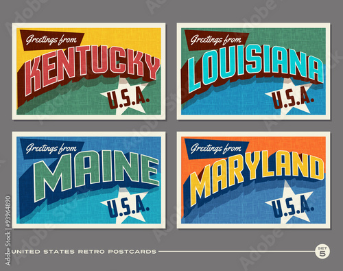 United States vintage typography postcards featuring Kentucky, Louisiana, Maine, Maryland