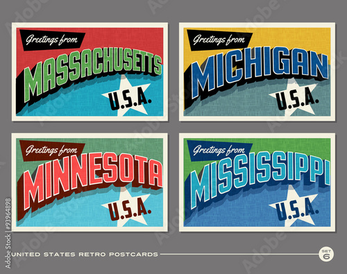 United States vintage typography postcards featuring Massachusetts, Michigan, Minnesota, 
Mississippi
