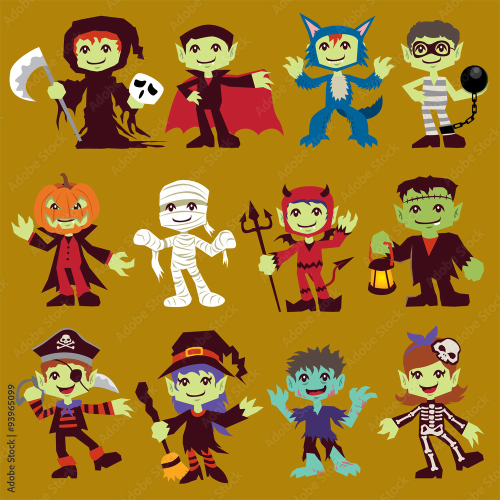 Vintage Halloween character poster design set with reaper, vampire, wolf man, prisoner, mummy, pirate, witch, zombie, skeleton